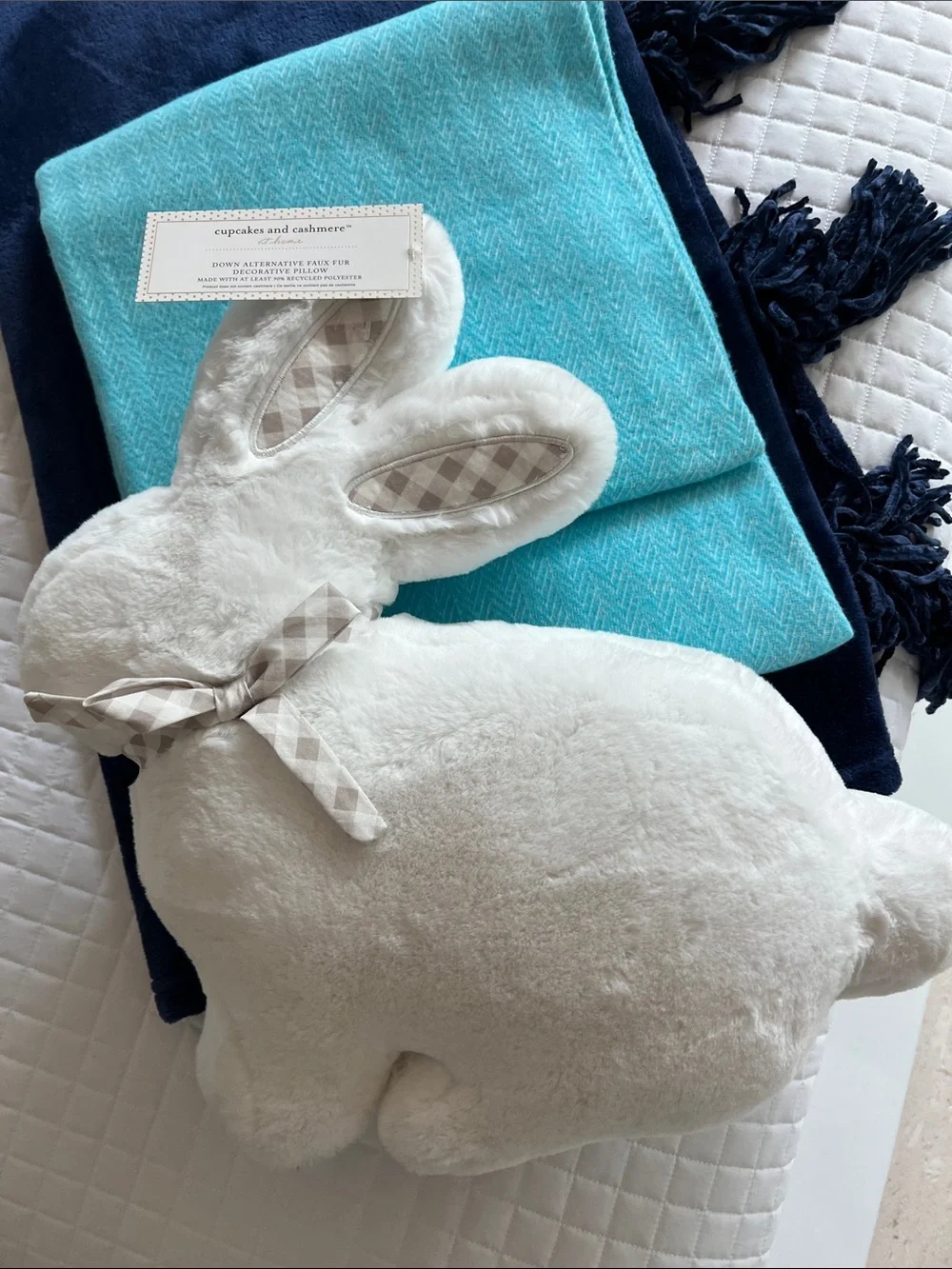NWT! cupcakes & cashmere White Plush Bunny Pillow with gray white gingham Ribbon